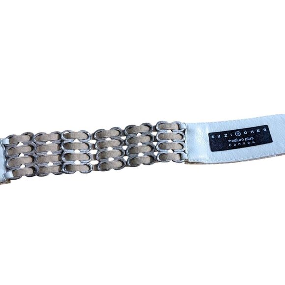 Vintage Suzie Oher Canada Silver Metal Cream Snakeskin Print Belt M Plus Stretch - Picture 7 of 8